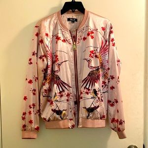 Pink satin bomber jacket with cherry blossom print - size L